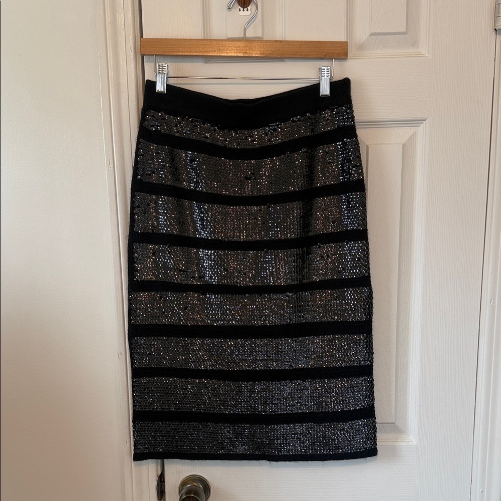 Catherine Malandrino Black and Silver Striped Pencil Skirt Size M